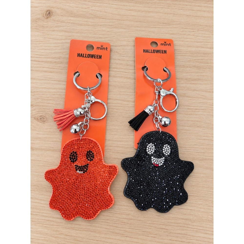 Halloween Ghost Rhinestone Keychain Set Orange Black Tassel Bell 2pc NWT